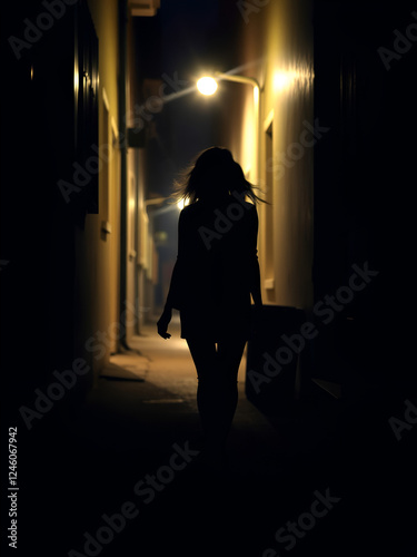 Silhouette of a young woman walking home alone at night narrow street, scared of stalker and being assault , insecurity concept photo