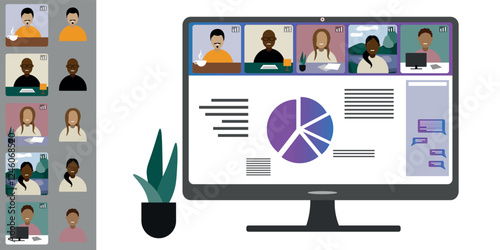 Video call conference, working from home. Colleagues of different nationalities and ages talk to each other on computer screen. Isolated illustration on white background in flat style trendy colors