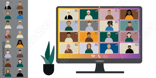 Video call conference, working from home. Colleagues of different nationalities and ages talk to each other on computer screen. Isolated illustration on white background in flat style trendy colors