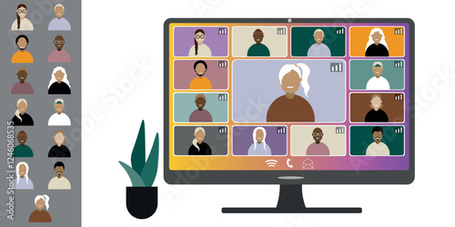 Video call conference, working from home. Colleagues of different nationalities and ages talk to each other on computer screen. Isolated illustration on white background in flat style trendy colors