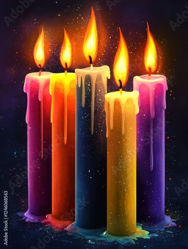 Colorful candles glowing warmly against a dark background. Flamelit. Illustration photo