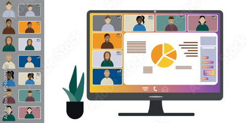 Video call conference, working from home. Colleagues of different nationalities and ages talk to each other on computer screen. Isolated illustration on white background in flat style trendy colors