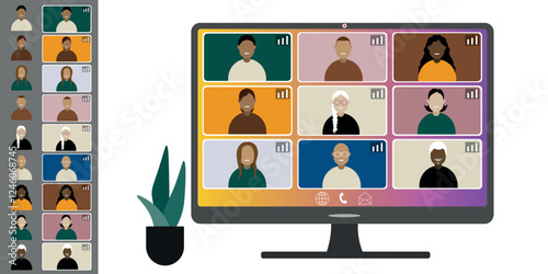 Video call conference, working from home. Colleagues of different nationalities and ages talk to each other on computer screen. Isolated illustration on white background in flat style trendy colors