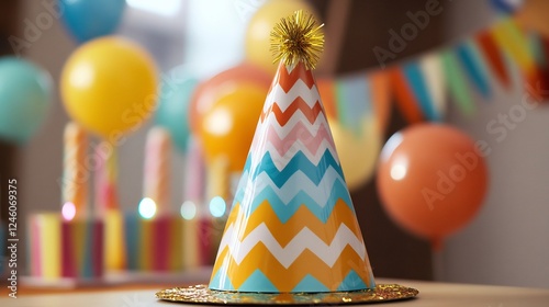 Colorful Party Hat with Balloons and Decorations photo