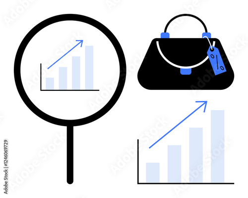 Magnifying glass highlights rising bar graph, handbag with price tag, upward-trending bar graph. Ideal for market analysis, retail growth, price trends, shopping insights, consumer behavior