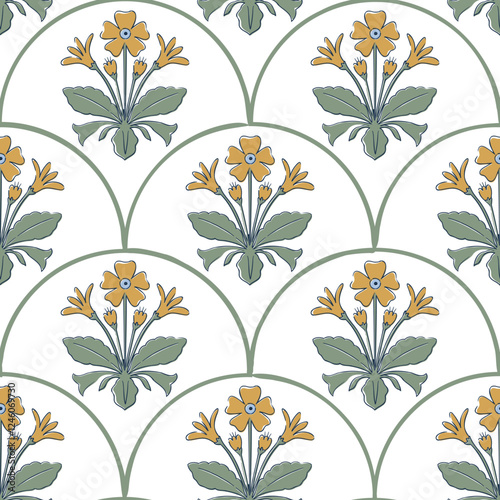 Mughal inspired, Indian ethnic hand-block floral seamless pattern in yellow and green, perfect for textiles, home furnishings, fashion, wallpaper, stationery, and more.
