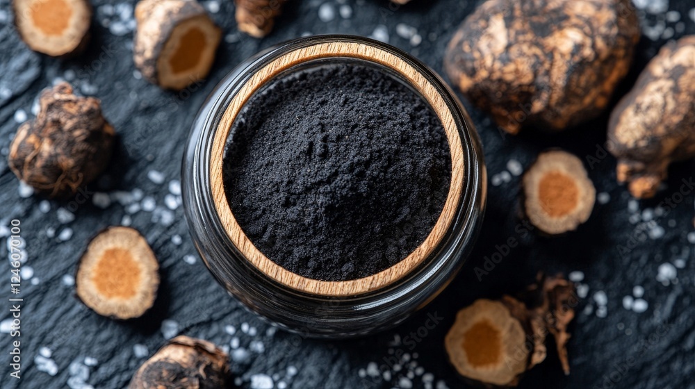 A jar filled with black powder surrounded by pieces of a root on a textured surface. A jar filled with black powder surrounded by pieces of a root on a textured surface.