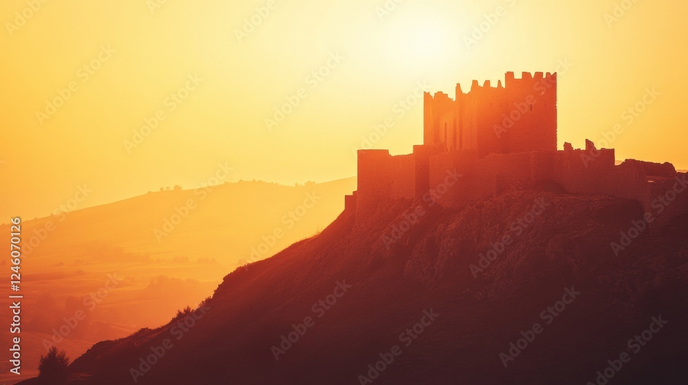 Minimalist view of an ancient castle at sunset overlooking the serene landscape. Generative AI Minimalist view of an ancient castle at sunset overlooking the serene landscape. Generative AI