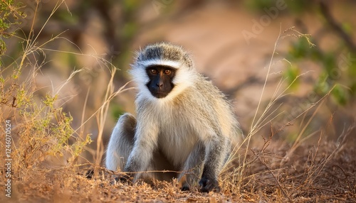 Vibrant Vervet Monkey Amidst the Serene Savannah of Mlilwane Wildlife Sanctuary, Swaziland, As Dusk Approaches and the Sky Transitions into Shades of Purple and Orange. photo