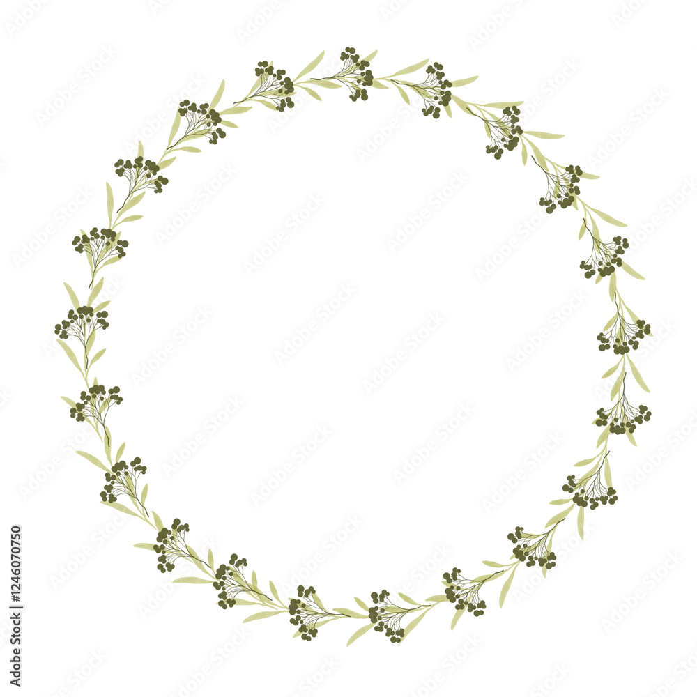 Fototapeta premium Watercolor floral wreath. Hand painted frame of greenery, wildflowers, herbs. Botanical illustration for design, print or background
