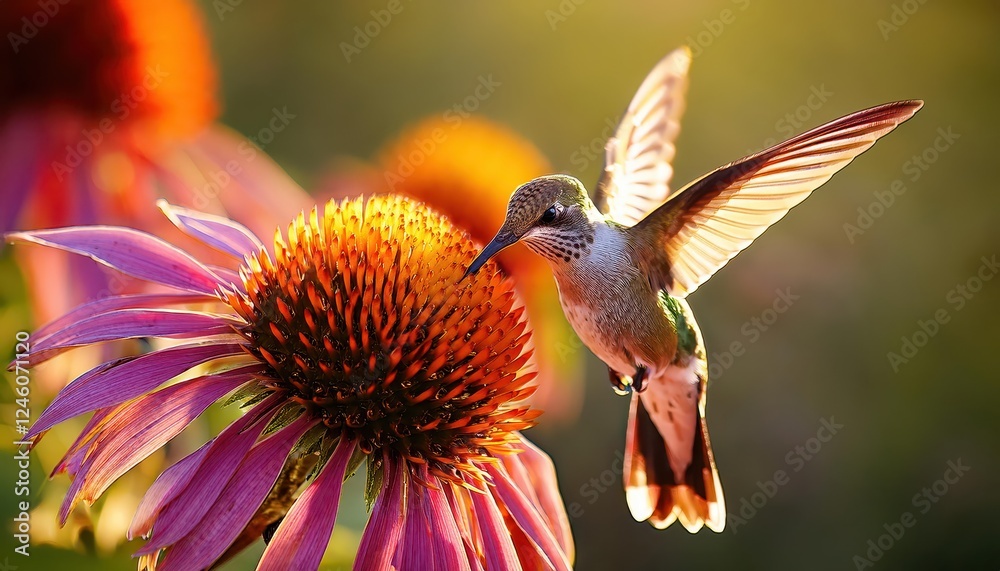 Naklejka premium Vivid Hummingbird in Detailed Closeup Pollinating Flower amidst Vibrant Nature, Capturing the Majesty of Floral Photography