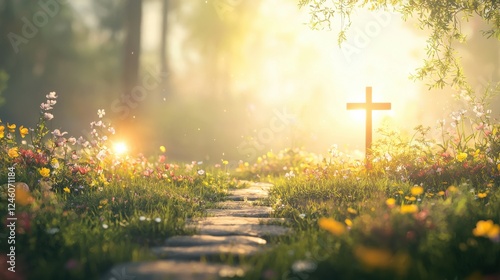 Tranquil easter garden scene with stone pathway serene nature setting floral bloom warm lighting peaceful atmosphere spiritual reflection