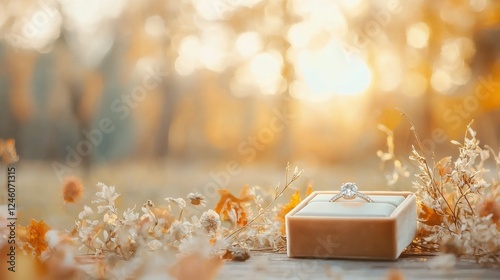 Romantic proposal scene outdoor autumn setting velvet ring box opening nature background soft focus view symbolizing love and commitment