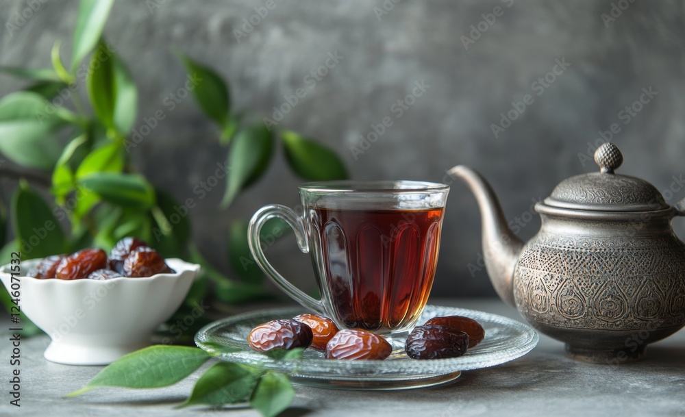 Tea, dates, teapot, leaves, Ramadan, background, still life, food photography Tea, dates, teapot, leaves, Ramadan, background, still life, food photography