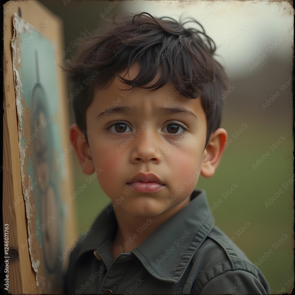 Serious and Thoughtful Genderfluid Latino Child Painting Outdoors in Vintage Uniform Serious and Thoughtful Genderfluid Latino Child Painting Outdoors in Vintage Uniform