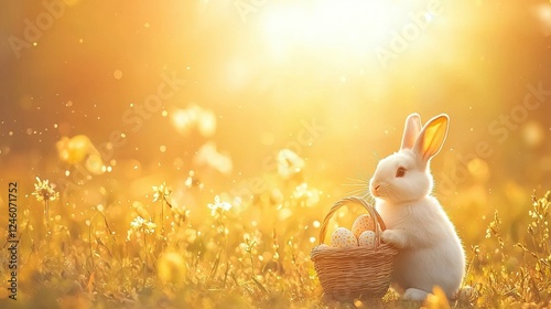 Playful white rabbit hopping through a vibrant meadow holding colorful easter eggs springtime nature scene sunny environment joyful concept photo