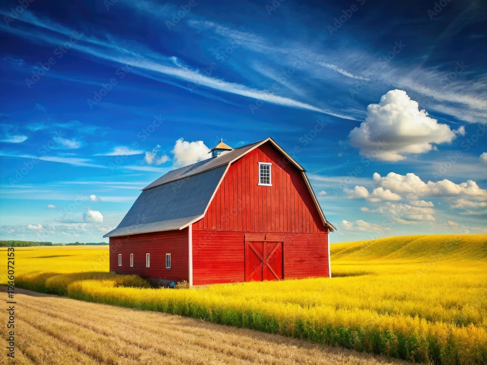 Rustic charm: a red barn stands proudly against a vibrant yellow field, under a boundless blue sky. Rustic charm: a red barn stands proudly against a vibrant yellow field, under a boundless blue sky.
