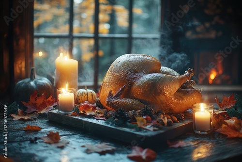 A scenic Thanksgiving feast in a rustic Canadian cabin, with a golden-roasted turkey, autumn leaves, and warm candlelight setting the mood, copy space background photo