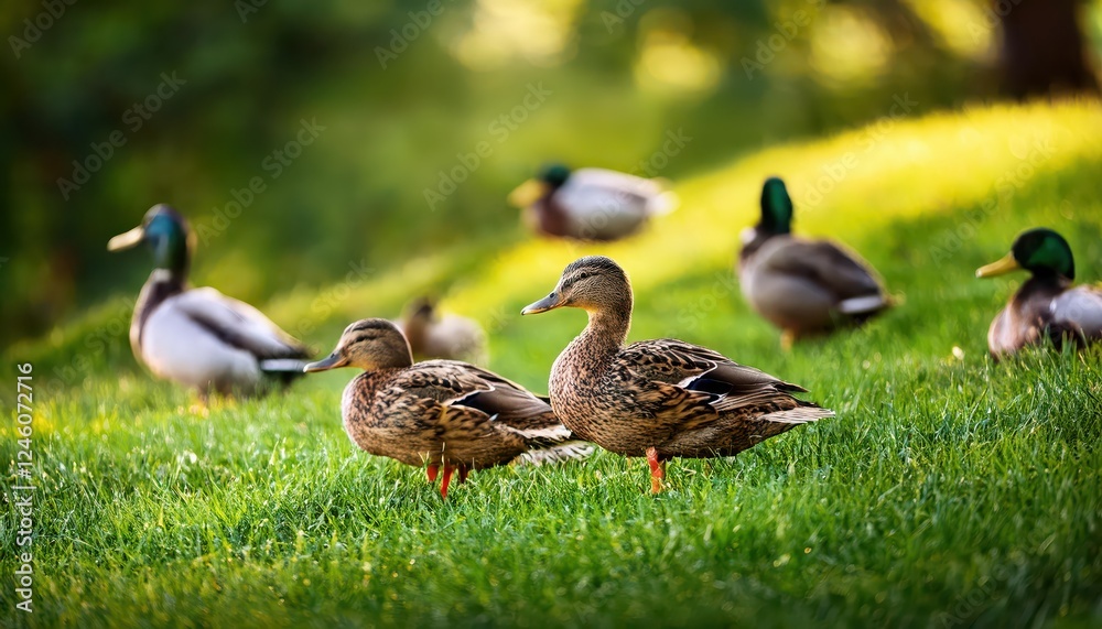 Tranquil Scene of Ducks Roaming on Lush Green Grass in a serene Parkland Backdrop, Captured at Midday, Embracing Natures Peace and Beauty. Tranquil Scene of Ducks Roaming on Lush Green Grass in a serene Parkland Backdrop, Captured at Midday, Embracing Natures Peace and Beauty.