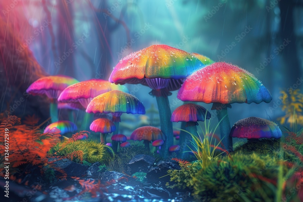 Fototapeta premium Vibrant, multicolored mushrooms flourish in a mystical landscape under a rainbow arching through a bright sky