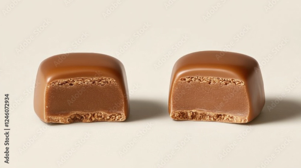 Cut Open Chocolate Candy Bar Showing Creamy Fillings and Texture Cut Open Chocolate Candy Bar Showing Creamy Fillings and Texture