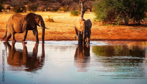 Tranquil Scene of Elephants Drinking at Sunset in Madikwe Game Reserve, South Africa A Serene Moment Reflected in Calm Water with Tree Silhouettes and Warm Tones photo