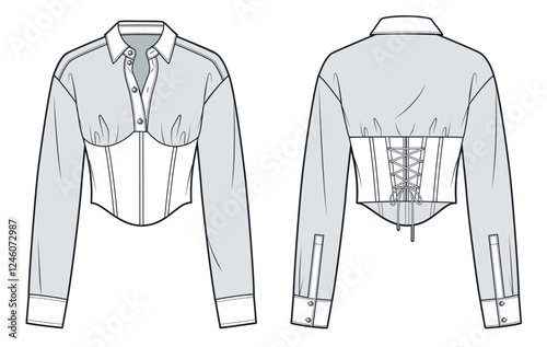Cropped Corset Shirt Technical Fashion Illustration. Blouse fashion flat technical drawing template, button-up, lace-up, cuff sleeves, front and back view, white, grey, women CAD mockup.