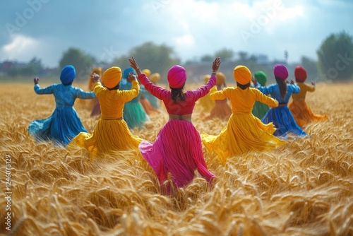 A traditional Baisakhi celebration in Punjab with energetic Bhangra dancers in colorful turbans performing in golden wheat fields, copy space background