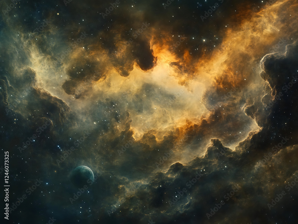 Fototapeta premium panoramic view of the Jovian moons orbiting in the vastness of space, with swirling cosmic clouds 