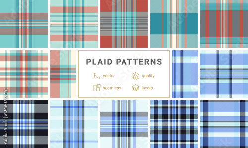 Collection of 12 seamless vector plaid patterns in various colors and styles. Perfect for textile design, apparel, web backgrounds, and more. Highquality, easily editable layers.