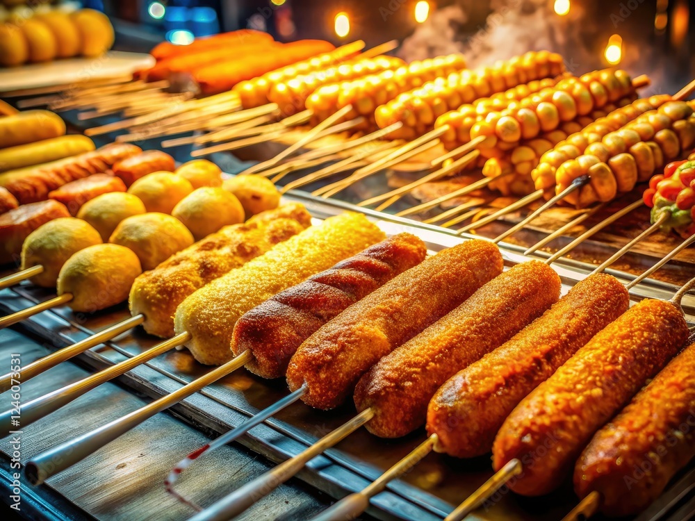 Savory Korean street food, bathed in warm night market glow: fried snacks, cheesy hot dogs, and rice cakes – pure deliciousness. Savory Korean street food, bathed in warm night market glow: fried snacks, cheesy hot dogs, and rice cakes – pure deliciousness.