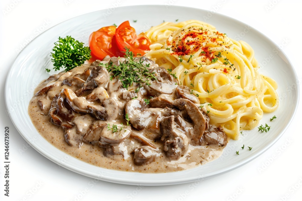 Delicious mushroom stroganoff with pasta and tomato garnish on a white plate closeup Delicious mushroom stroganoff with pasta and tomato garnish on a white plate closeup
