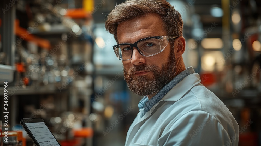 Fototapeta premium Scientist working in a laboratory setting with advanced equipment and focused expression while holding a tablet