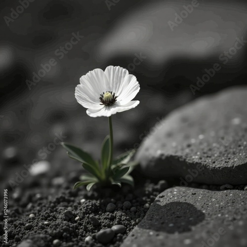 Tiny single white poppy growing from dark grey stone with deep shadows, shadow effect, monochromatic