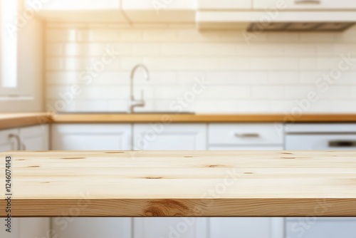 Empty wooden kitchen counter, sunny, bright background, product placement