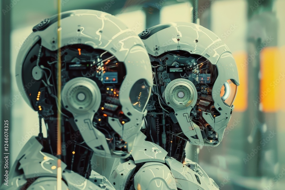 Fototapeta premium Robot figure sits contemplatively by serene water surrounded by vibrant, colorful foliage in a tranquil setting