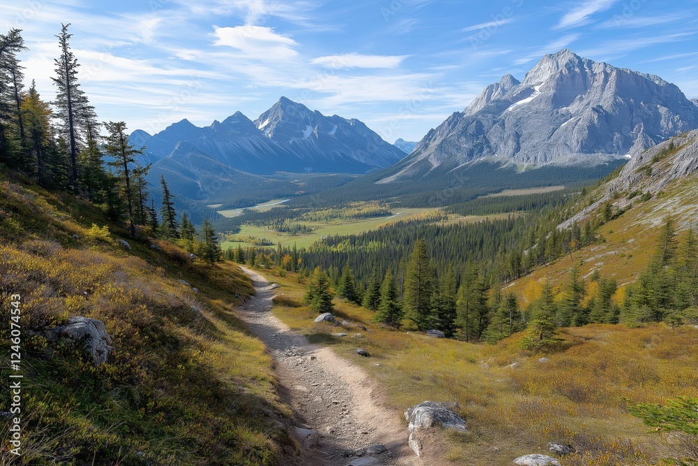 Majestic mountain vista along a serene hiking trail in the heart of nature's beauty during the autumn season in Canada. Generative AI Majestic mountain vista along a serene hiking trail in the heart of nature's beauty during the autumn season in Canada. Generative AI