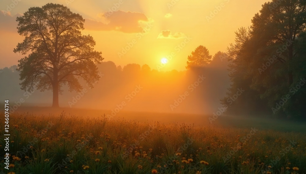 Fototapeta premium The sun's golden rays peek through the misty veil of morning fog, mist, warm tones