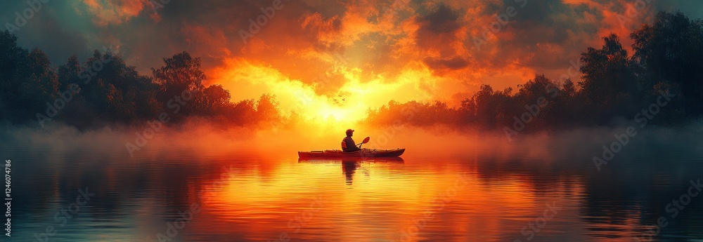 Fototapeta premium Sunset Kayak Adventure on Calm Lake with Mountain Reflection
