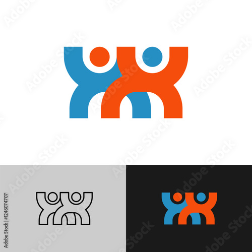 Two people fighting or dance stylized logo. Martial arts tournament or other competitive sport event symbol. Adjustable stroke.