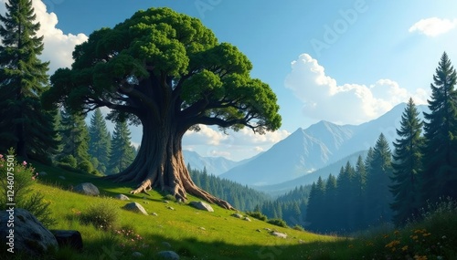 The massive coniferous tree dominates the forest landscape, landscape, tree, giant photo