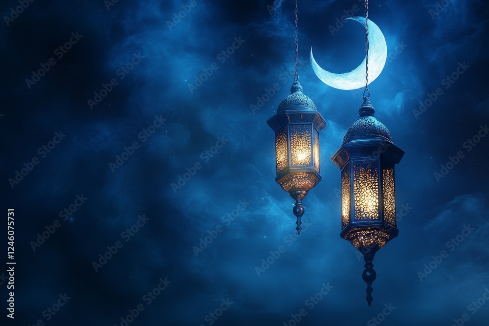 Night sky, crescent moon, lanterns, Ramadan, greeting card Night sky, crescent moon, lanterns, Ramadan, greeting card