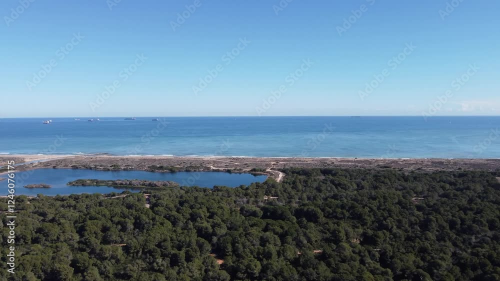4K Drone View of Mediterranean Forest, Lagoon with Island, and Mediterranean Sea with Cargo Ships 4K Drone View of Mediterranean Forest, Lagoon with Island, and Mediterranean Sea with Cargo Ships
