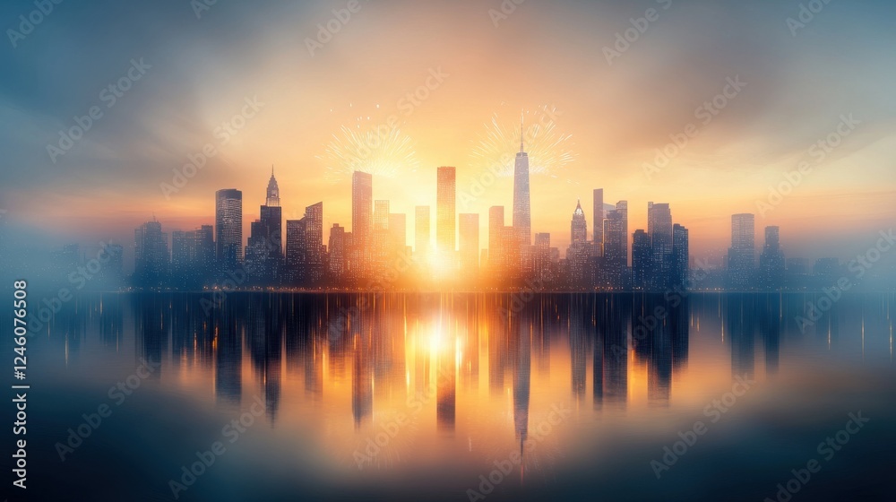 Fototapeta premium Spectacular fireworks display over vibrant city skyline urban landscape nighttime celebration reflective waters dazzling colors