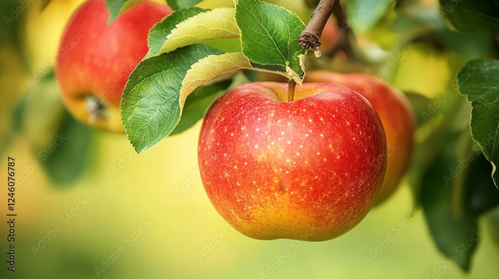 Obraz premium Ripe Red Apple on Branch with Green Leaves