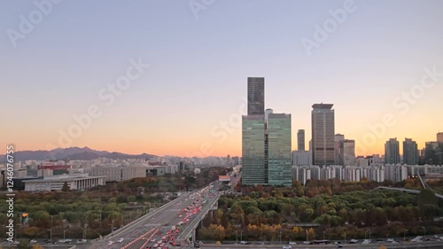 timelapse, panoramic sunrise city view, sunrise cityscape of Yeouido, Seoul, Korea	

 photo