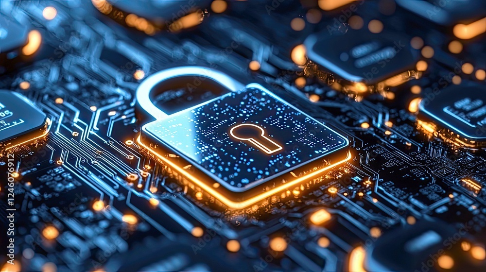 Cybersecurity: Digital Lock on Circuit Board. Protecting Data and Ensuring Online Privacy in the Digital Age. Cybersecurity: Digital Lock on Circuit Board. Protecting Data and Ensuring Online Privacy in the Digital Age.