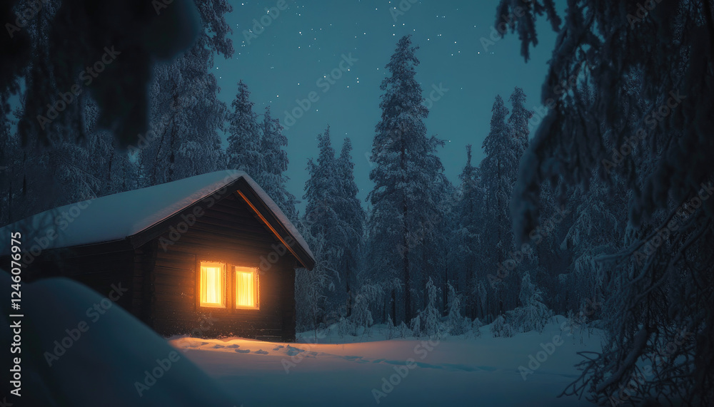 Cabin with glowing light at night in snowy Finland