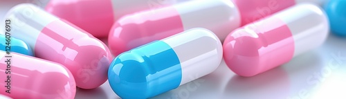 Colorful medication capsules on a bright surface.