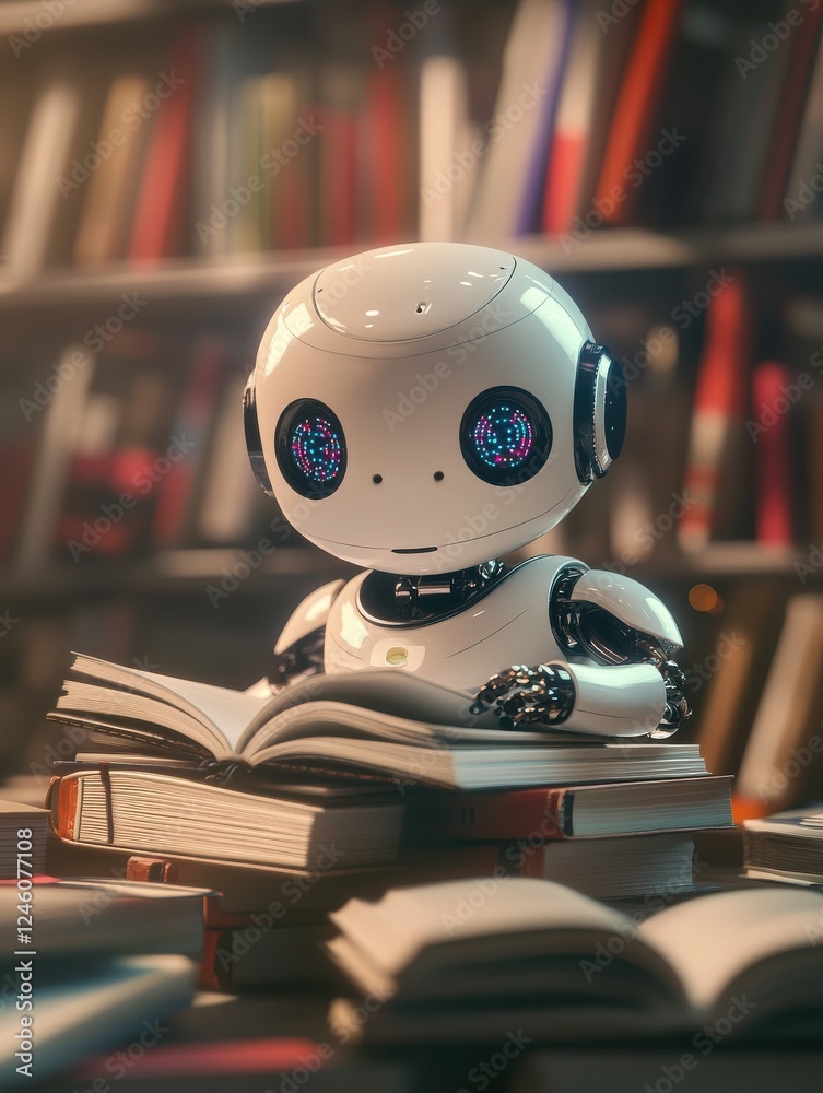 Futuristic robot kid surrounded by books, learning actively, colorful interface, machine learning concept Futuristic robot kid surrounded by books, learning actively, colorful interface, machine learning concept
